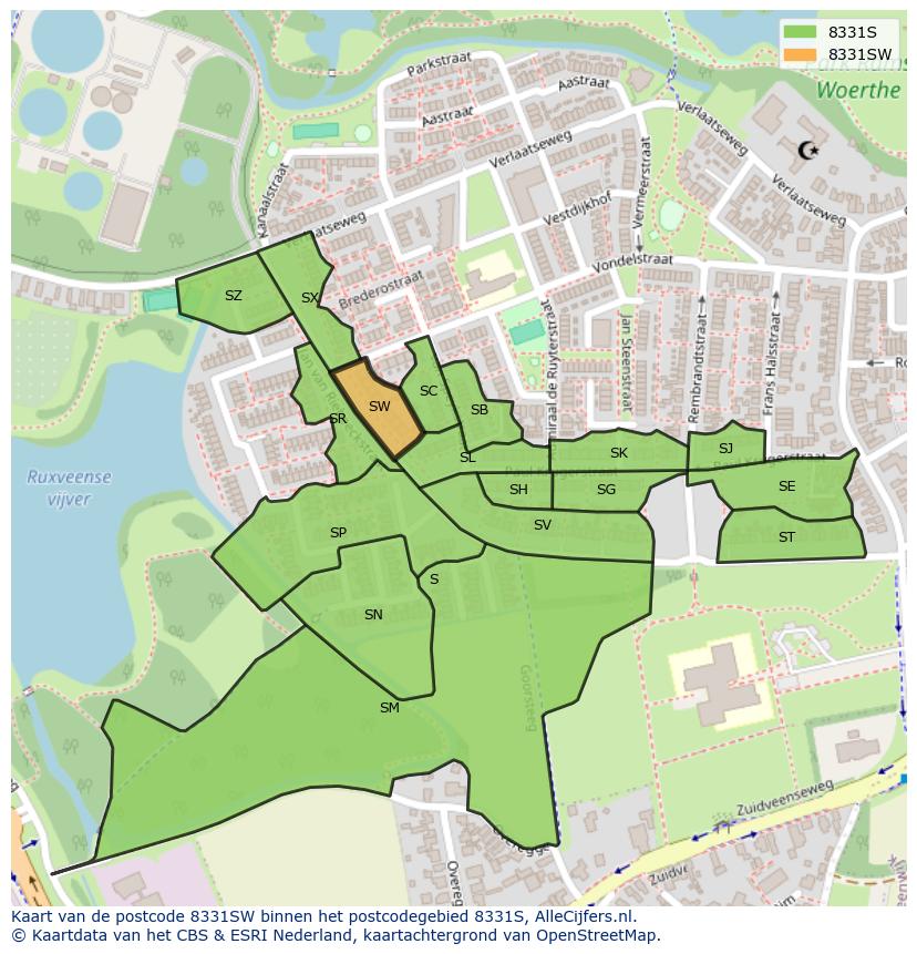 Afbeelding van het postcodegebied 8331 SW op de kaart.