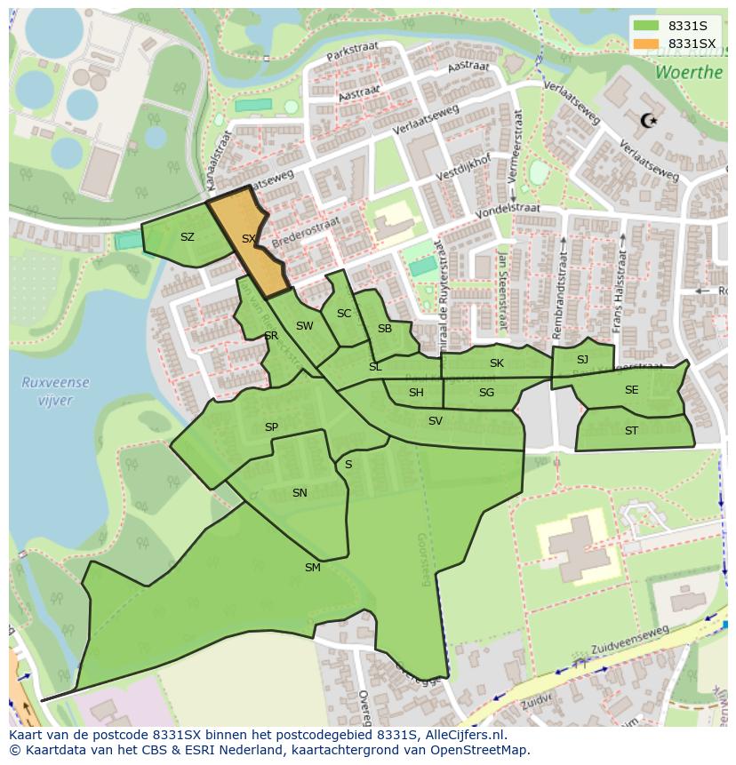Afbeelding van het postcodegebied 8331 SX op de kaart.