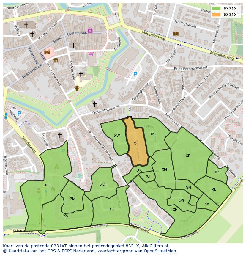 Afbeelding van het postcodegebied 8331 XT op de kaart.