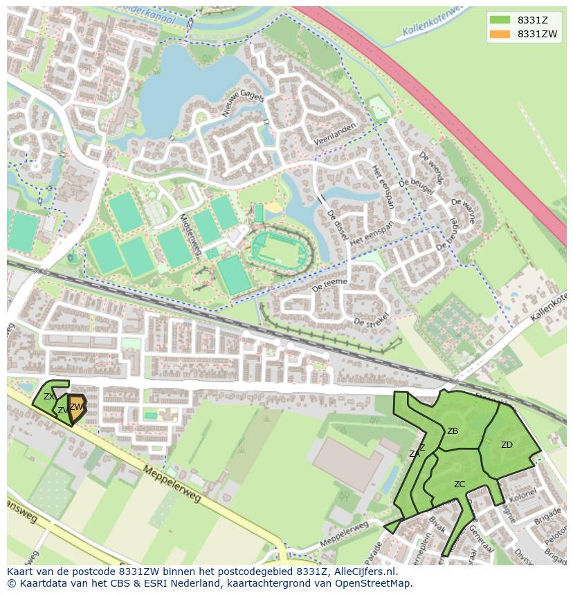 Afbeelding van het postcodegebied 8331 ZW op de kaart.