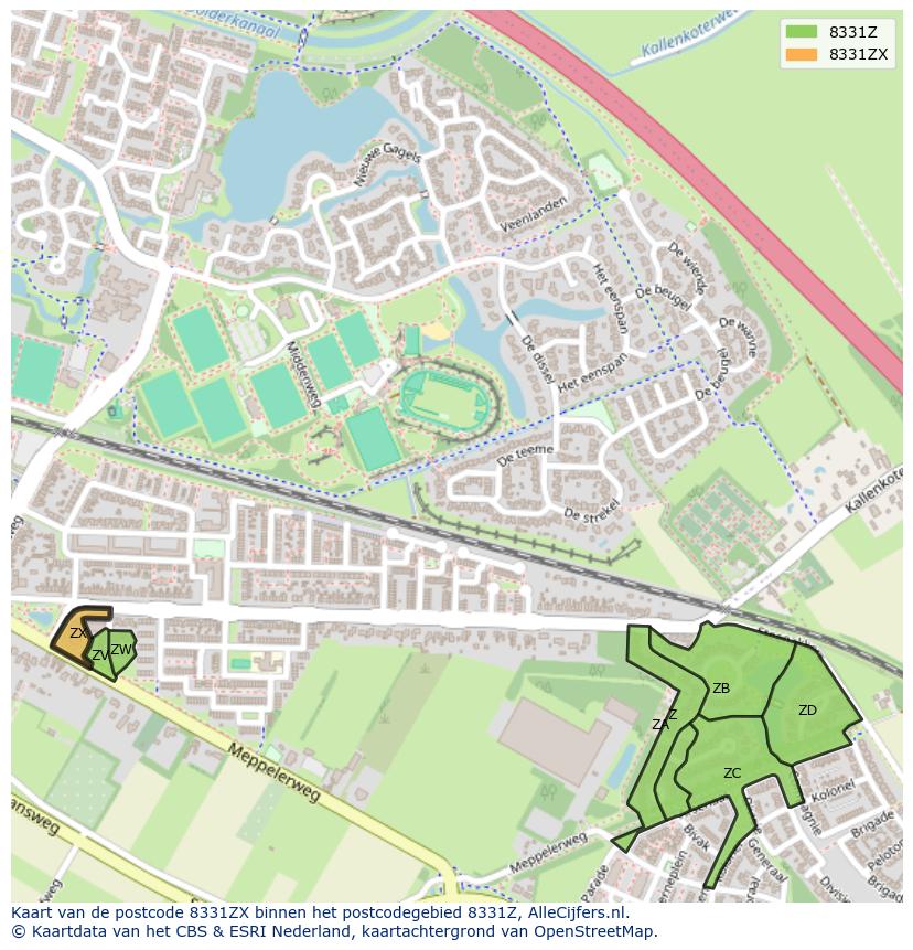 Afbeelding van het postcodegebied 8331 ZX op de kaart.