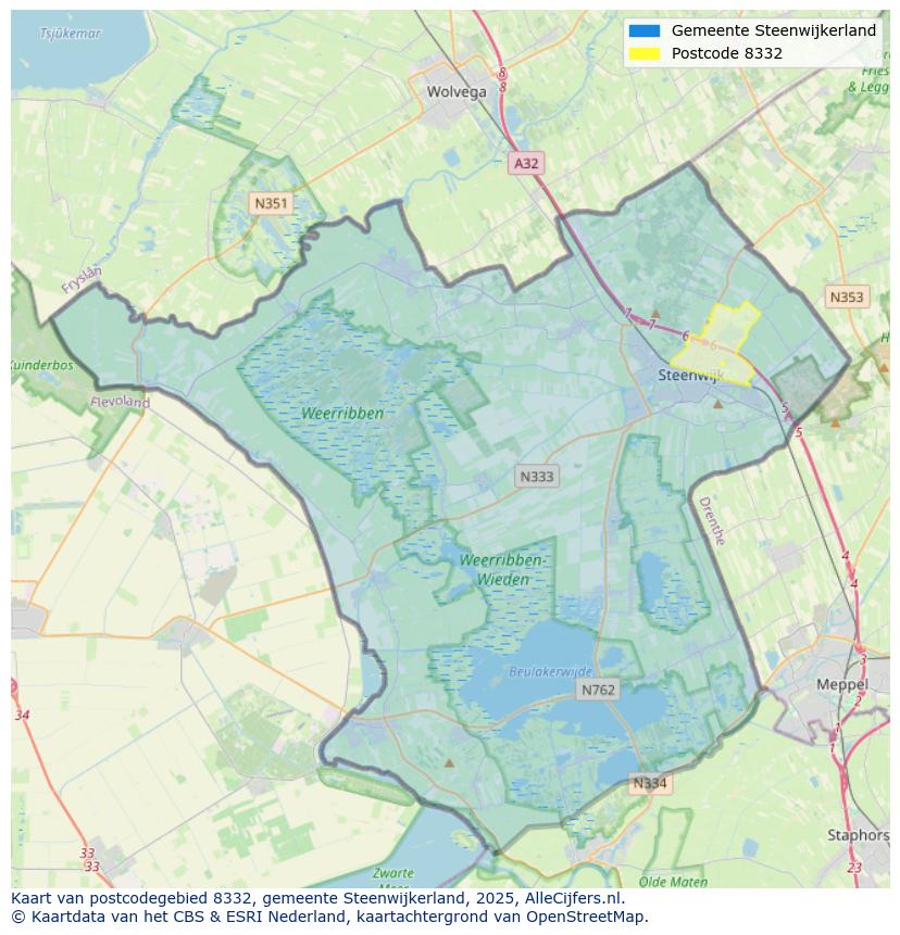Afbeelding van het postcodegebied 8332 op de kaart.