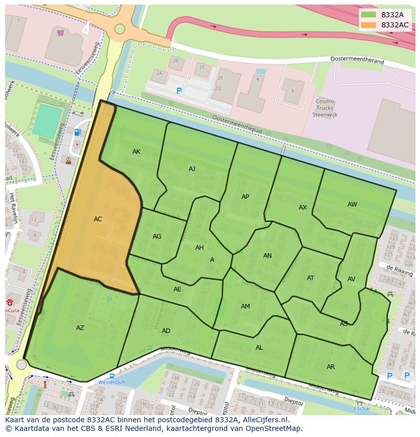 Afbeelding van het postcodegebied 8332 AC op de kaart.