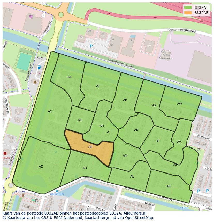 Afbeelding van het postcodegebied 8332 AE op de kaart.