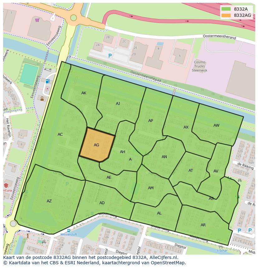Afbeelding van het postcodegebied 8332 AG op de kaart.