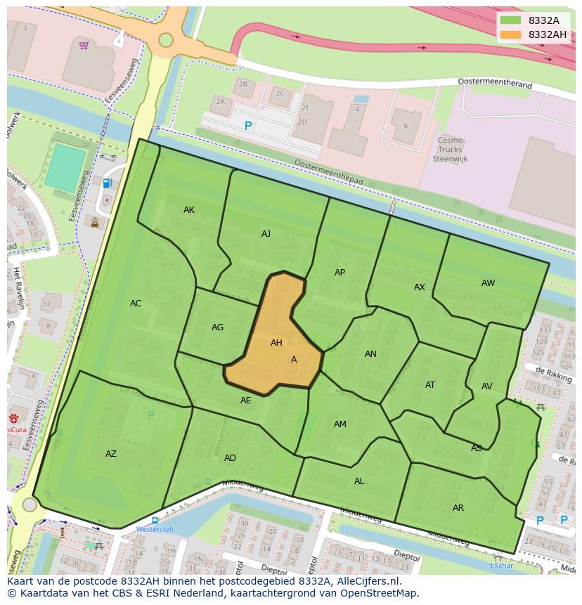Afbeelding van het postcodegebied 8332 AH op de kaart.