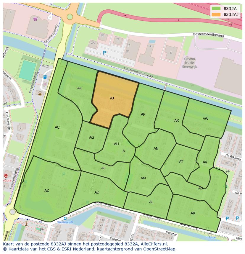 Afbeelding van het postcodegebied 8332 AJ op de kaart.