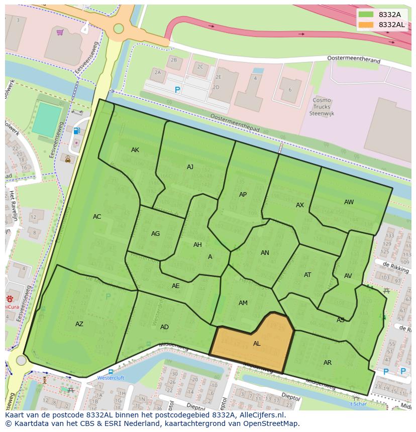 Afbeelding van het postcodegebied 8332 AL op de kaart.