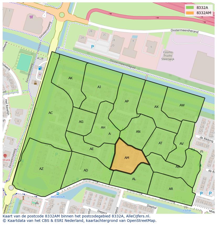 Afbeelding van het postcodegebied 8332 AM op de kaart.