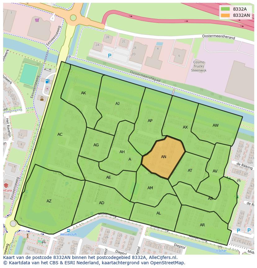 Afbeelding van het postcodegebied 8332 AN op de kaart.