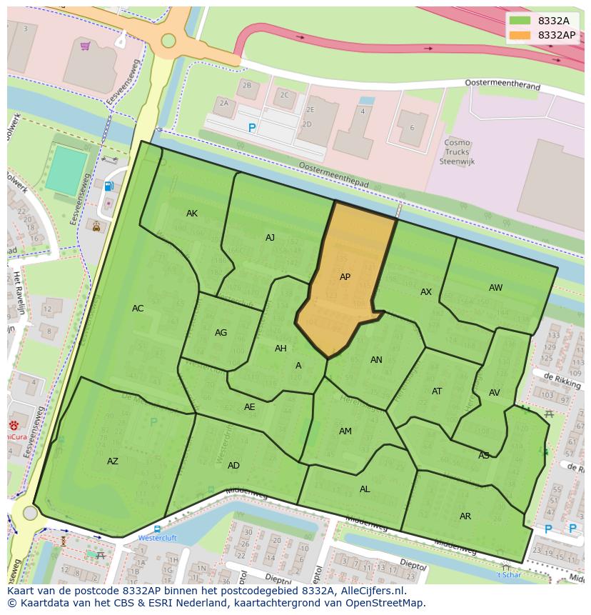 Afbeelding van het postcodegebied 8332 AP op de kaart.