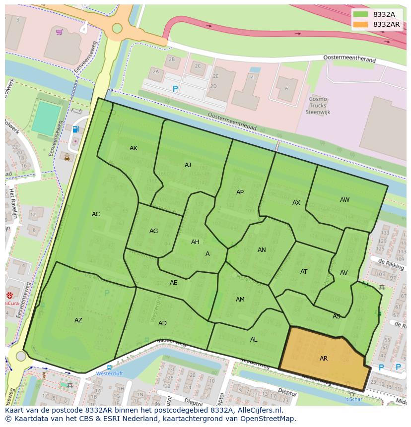 Afbeelding van het postcodegebied 8332 AR op de kaart.