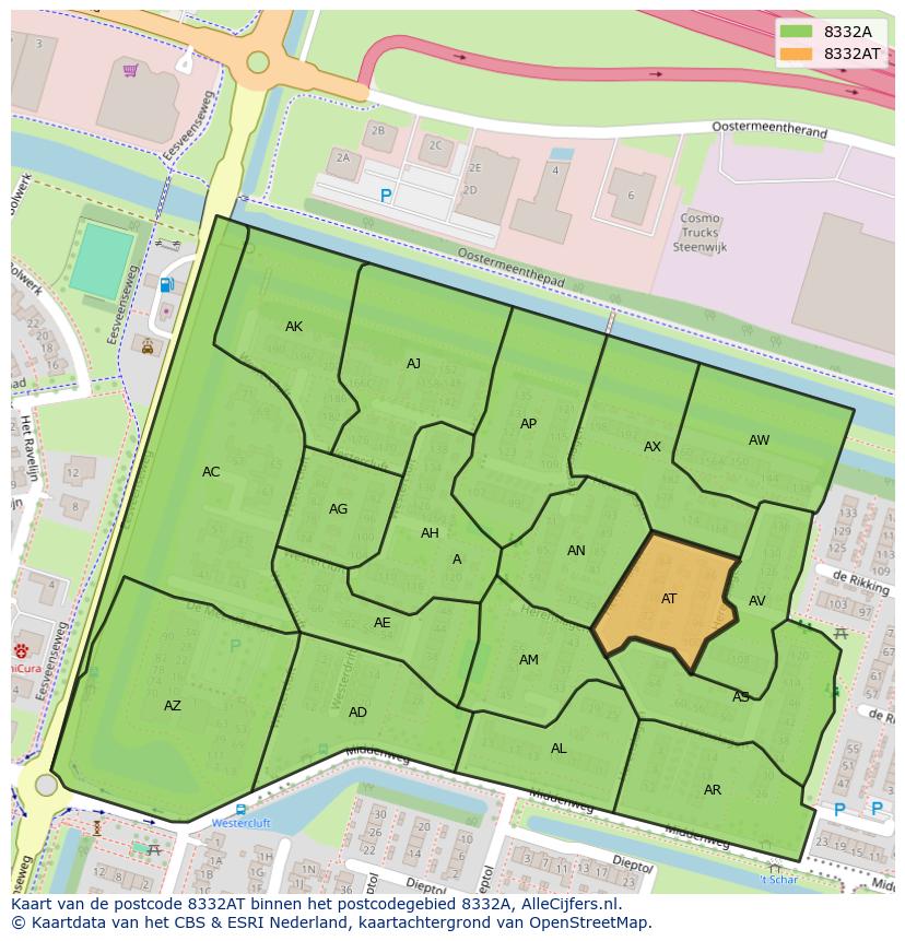 Afbeelding van het postcodegebied 8332 AT op de kaart.