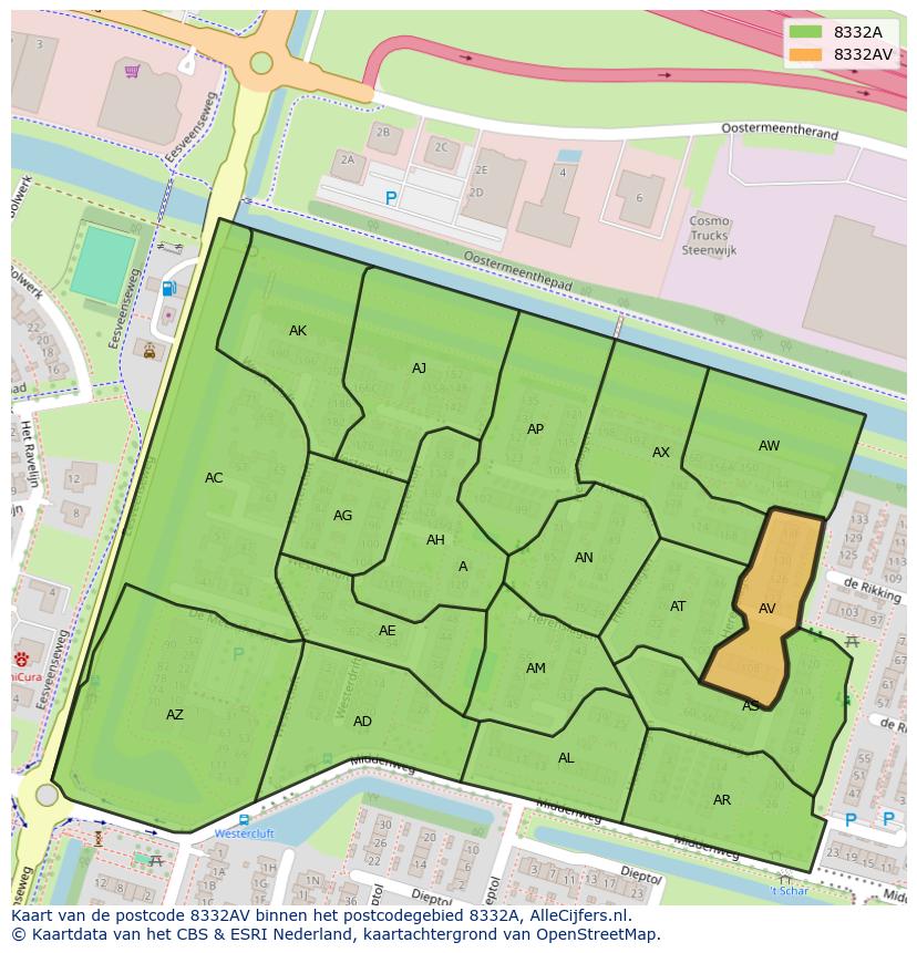 Afbeelding van het postcodegebied 8332 AV op de kaart.