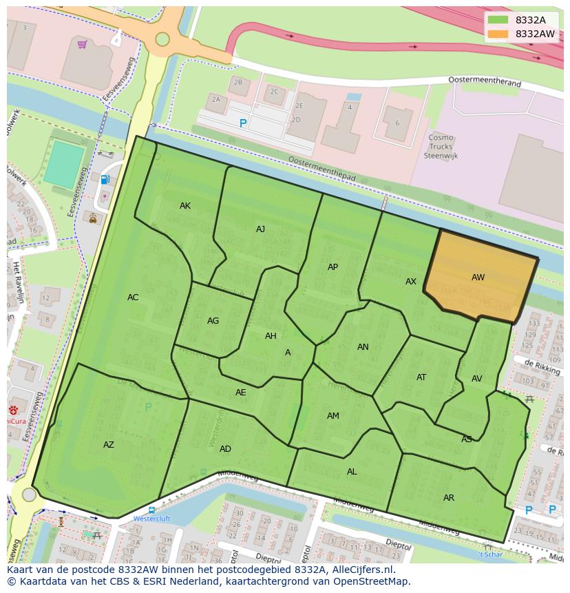 Afbeelding van het postcodegebied 8332 AW op de kaart.