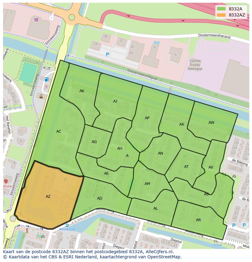Afbeelding van het postcodegebied 8332 AZ op de kaart.