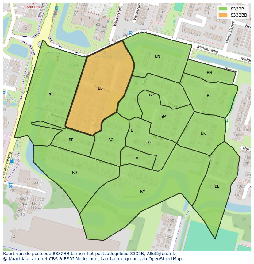Afbeelding van het postcodegebied 8332 BB op de kaart.