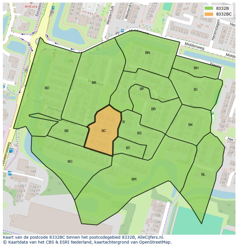 Afbeelding van het postcodegebied 8332 BC op de kaart.
