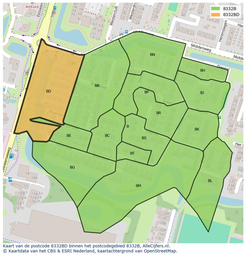 Afbeelding van het postcodegebied 8332 BD op de kaart.