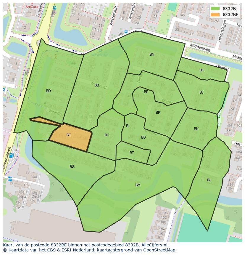 Afbeelding van het postcodegebied 8332 BE op de kaart.