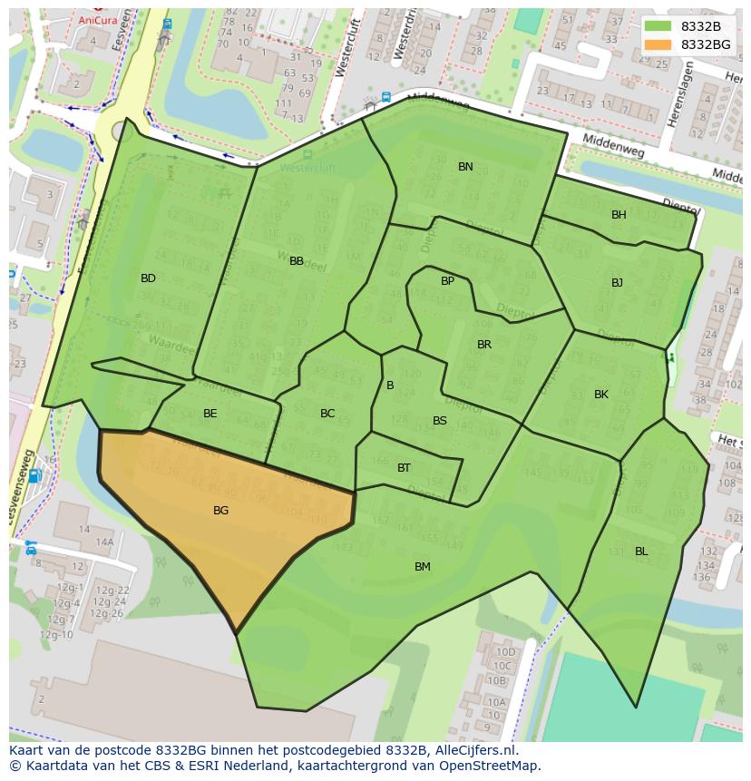 Afbeelding van het postcodegebied 8332 BG op de kaart.