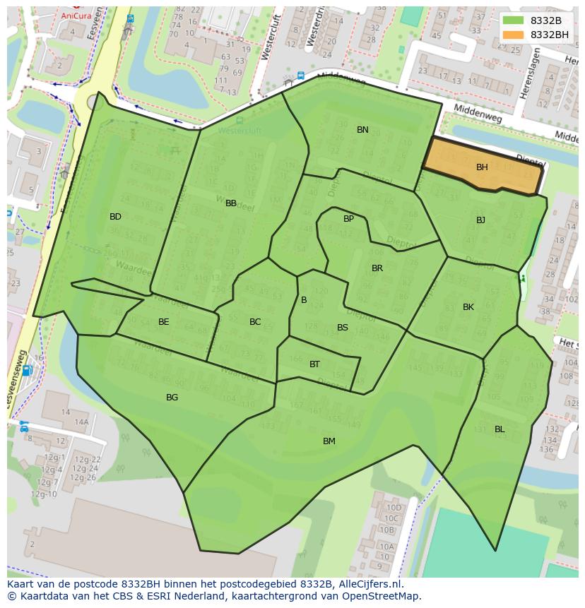 Afbeelding van het postcodegebied 8332 BH op de kaart.