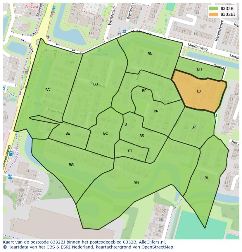 Afbeelding van het postcodegebied 8332 BJ op de kaart.