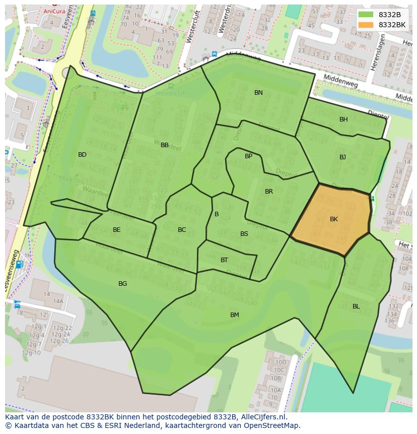 Afbeelding van het postcodegebied 8332 BK op de kaart.