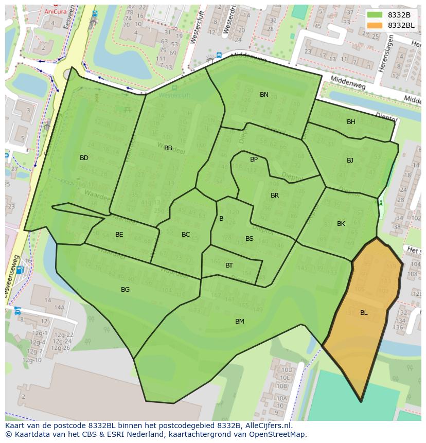 Afbeelding van het postcodegebied 8332 BL op de kaart.
