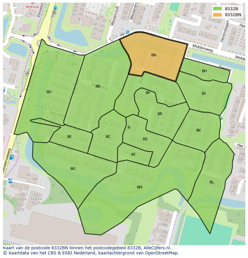 Afbeelding van het postcodegebied 8332 BN op de kaart.