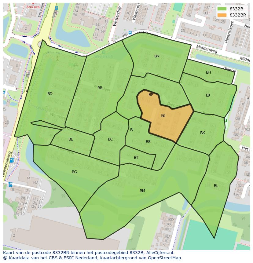 Afbeelding van het postcodegebied 8332 BR op de kaart.