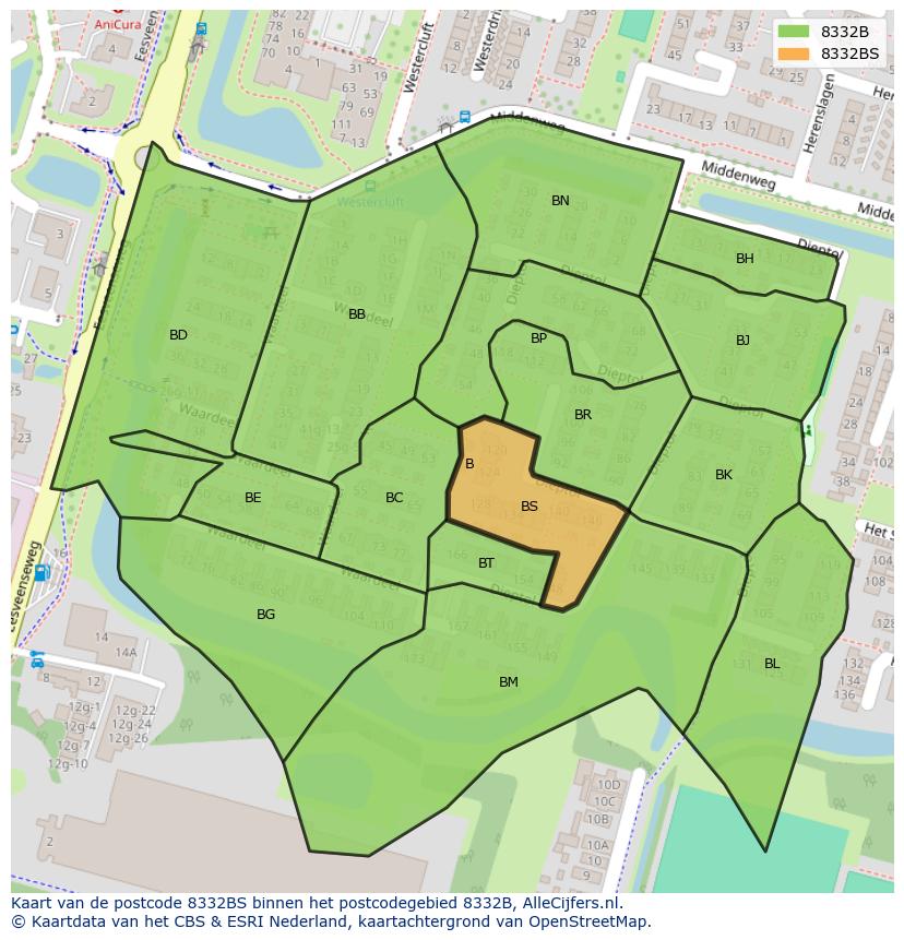 Afbeelding van het postcodegebied 8332 BS op de kaart.
