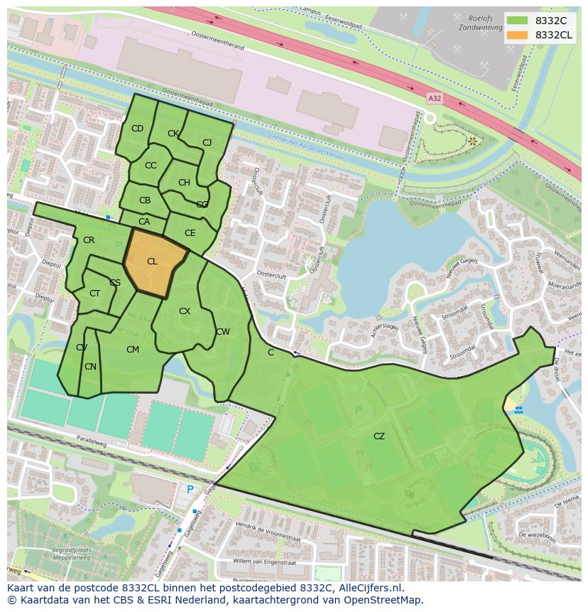 Afbeelding van het postcodegebied 8332 CL op de kaart.