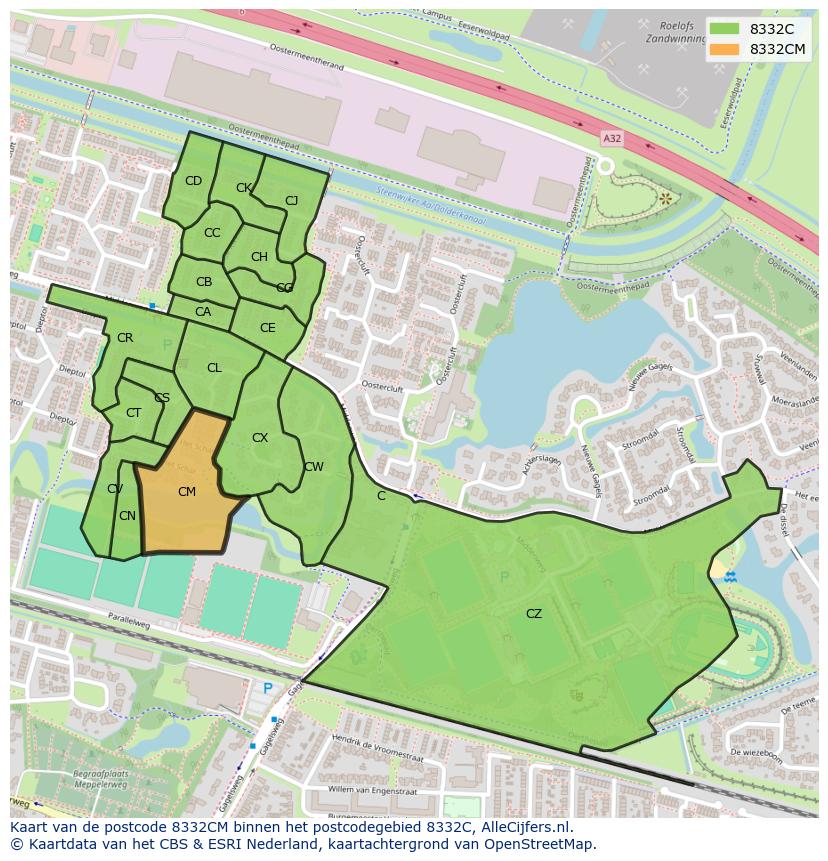 Afbeelding van het postcodegebied 8332 CM op de kaart.