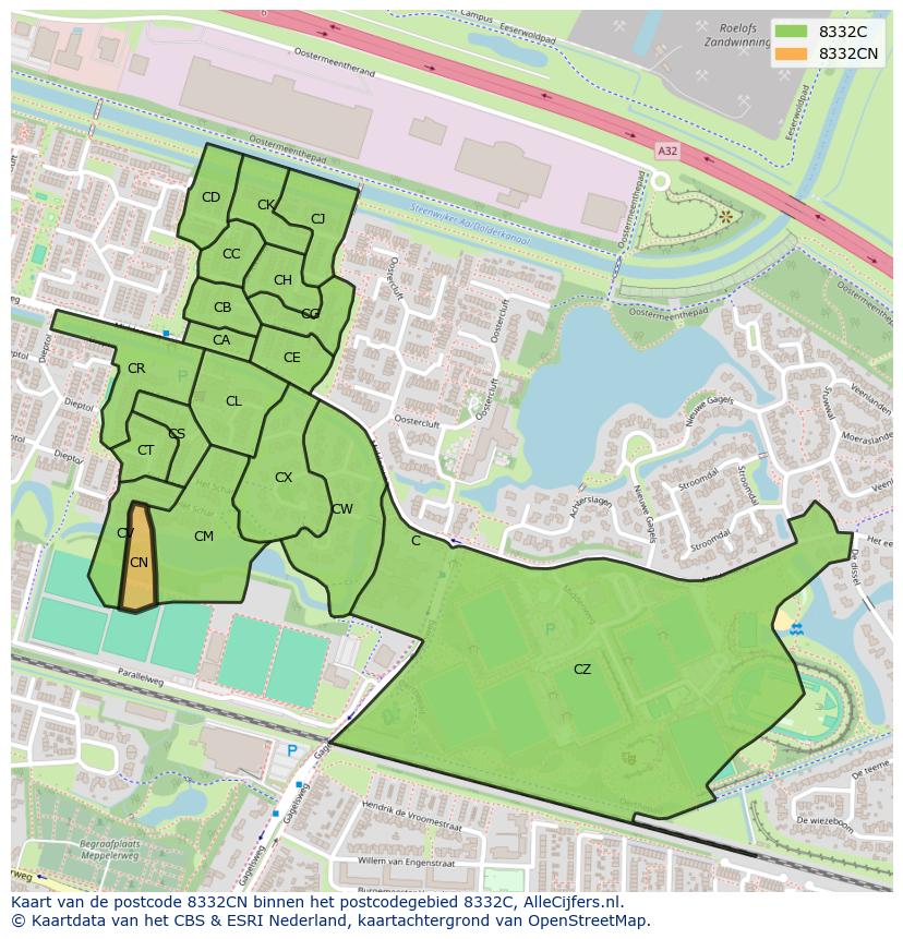 Afbeelding van het postcodegebied 8332 CN op de kaart.