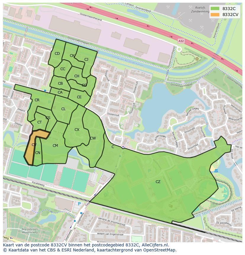 Afbeelding van het postcodegebied 8332 CV op de kaart.