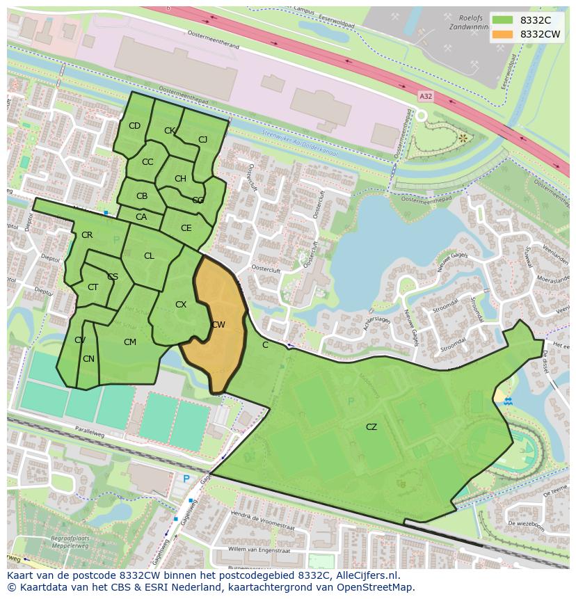 Afbeelding van het postcodegebied 8332 CW op de kaart.