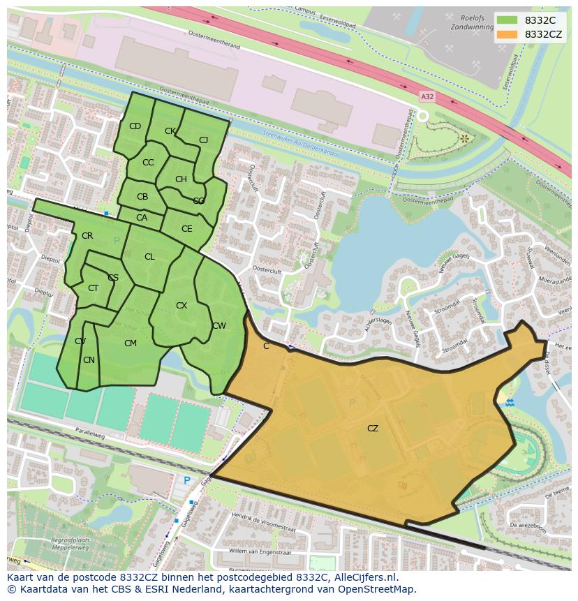 Afbeelding van het postcodegebied 8332 CZ op de kaart.