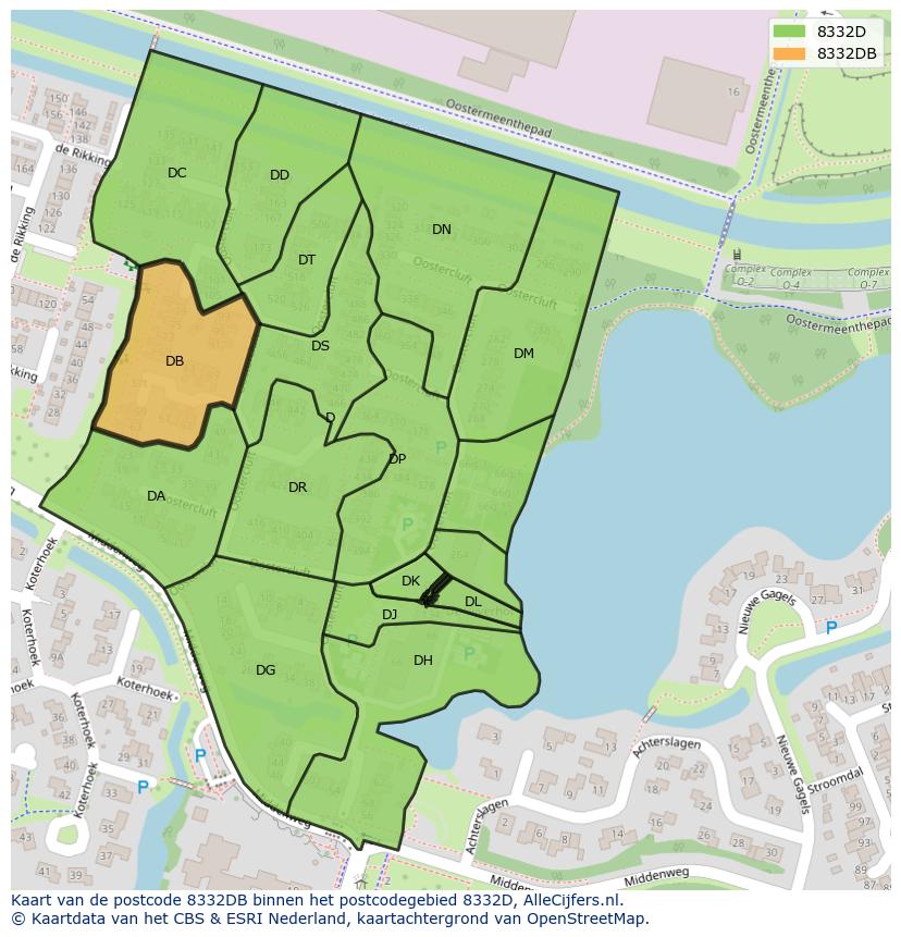 Afbeelding van het postcodegebied 8332 DB op de kaart.
