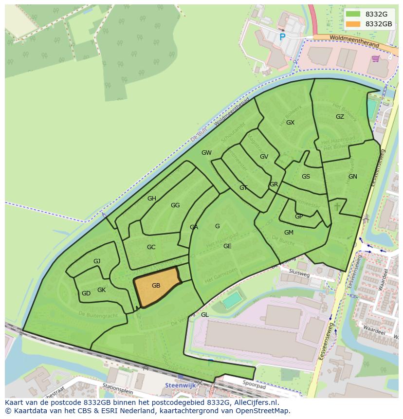 Afbeelding van het postcodegebied 8332 GB op de kaart.