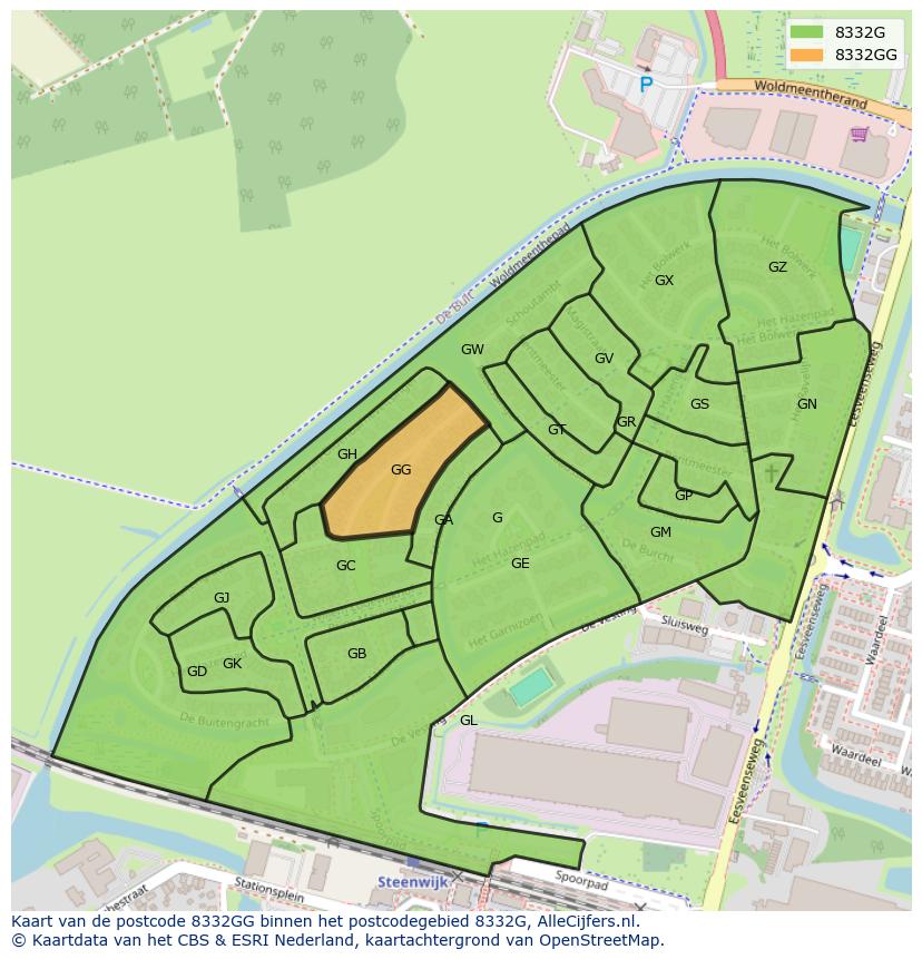 Afbeelding van het postcodegebied 8332 GG op de kaart.
