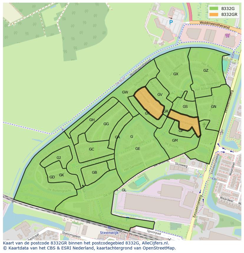 Afbeelding van het postcodegebied 8332 GR op de kaart.