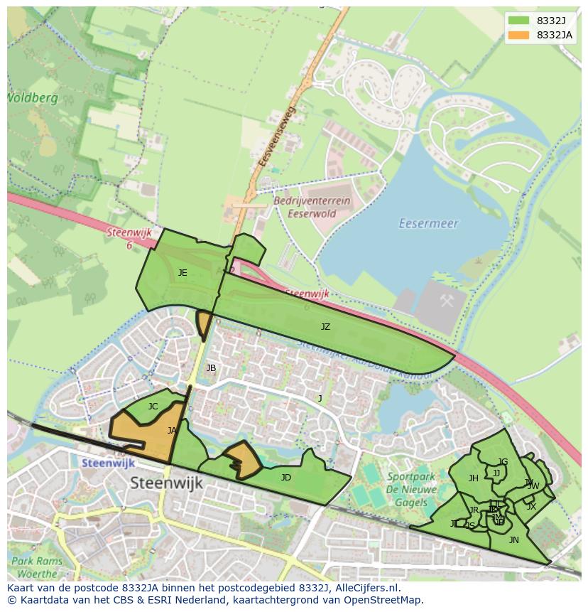 Afbeelding van het postcodegebied 8332 JA op de kaart.