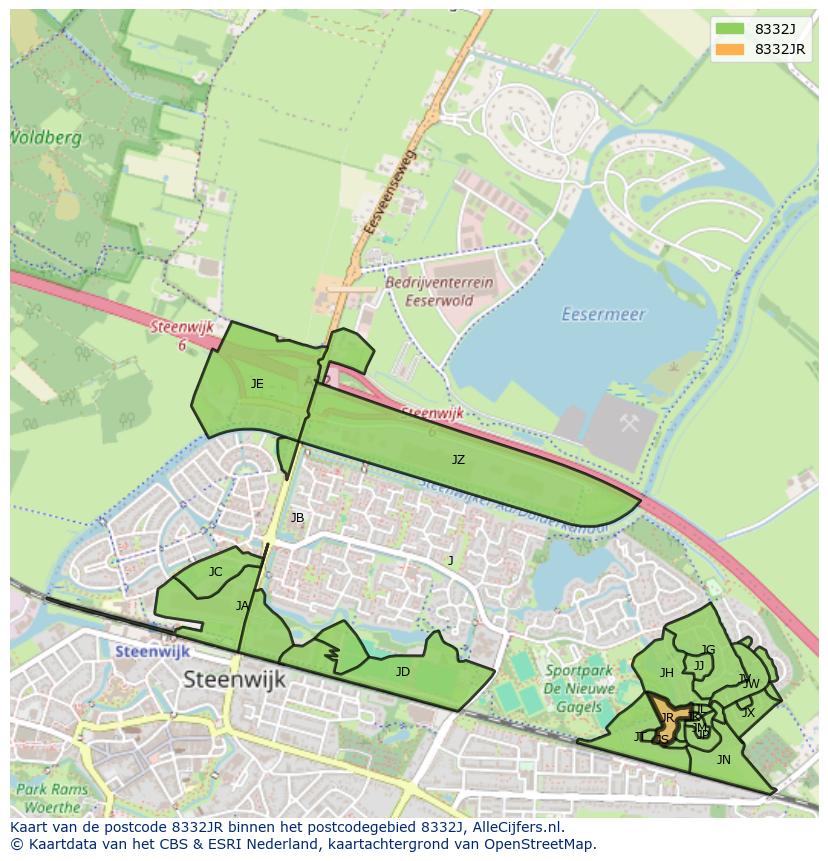 Afbeelding van het postcodegebied 8332 JR op de kaart.