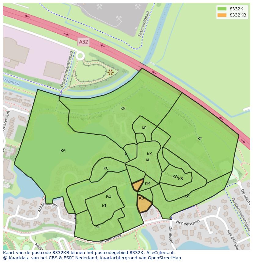 Afbeelding van het postcodegebied 8332 KB op de kaart.