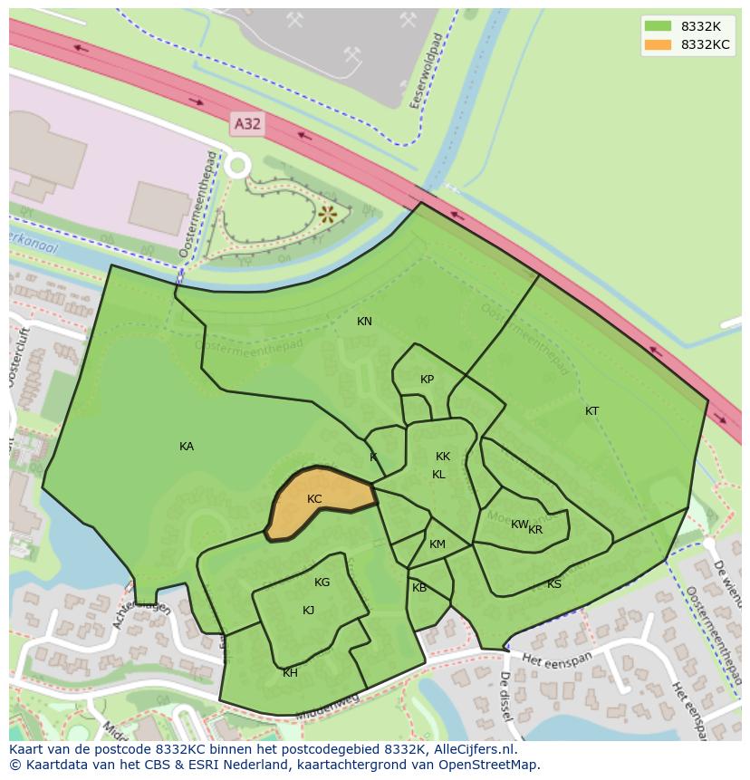 Afbeelding van het postcodegebied 8332 KC op de kaart.