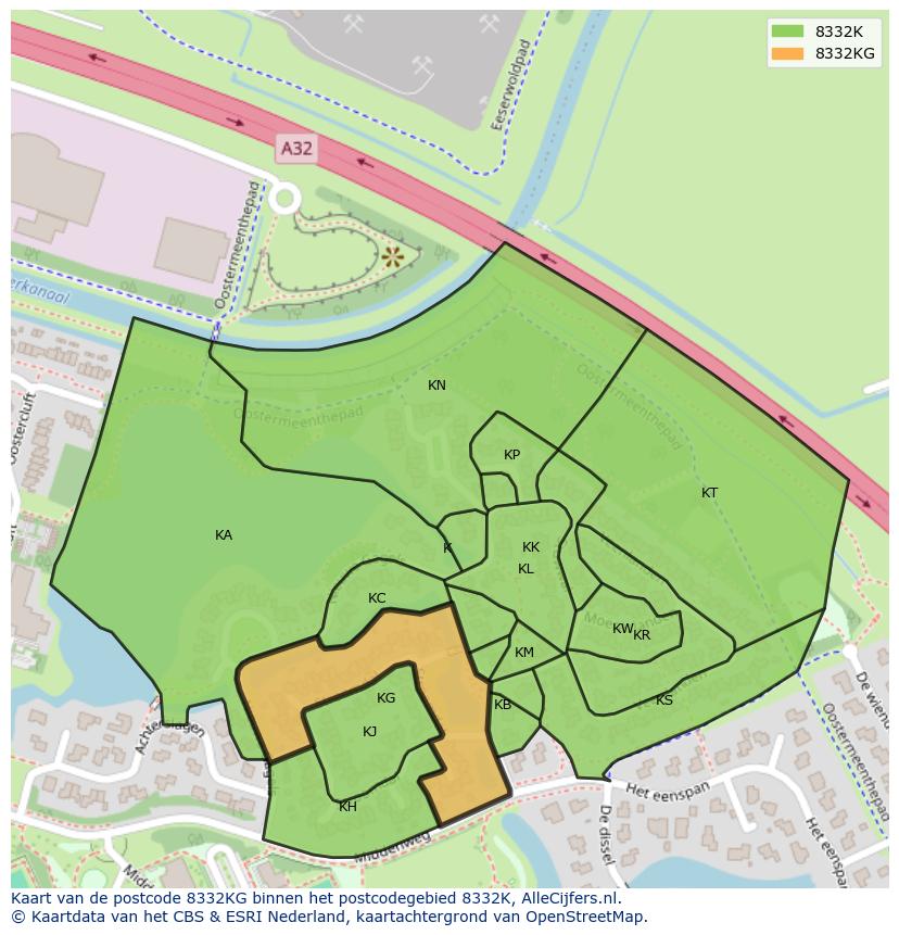 Afbeelding van het postcodegebied 8332 KG op de kaart.