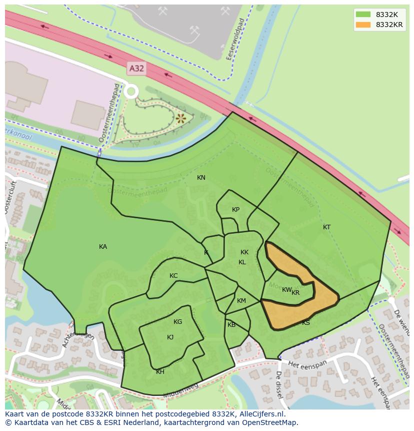 Afbeelding van het postcodegebied 8332 KR op de kaart.