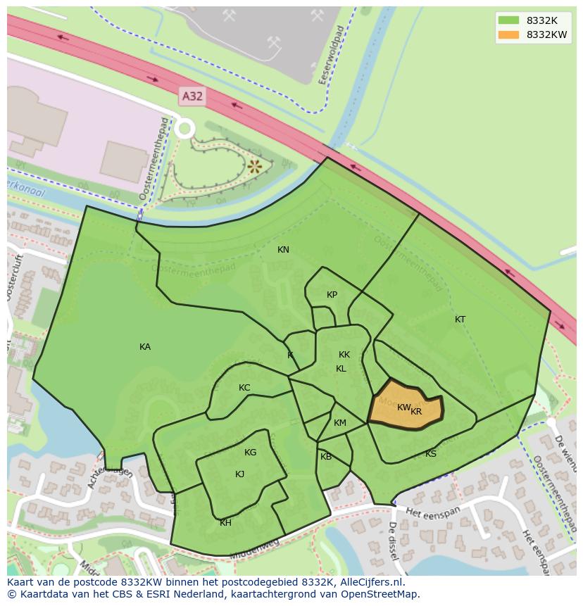 Afbeelding van het postcodegebied 8332 KW op de kaart.