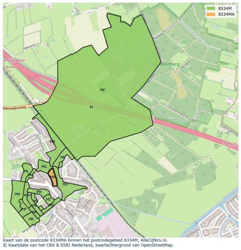 Afbeelding van het postcodegebied 8334 MA op de kaart.